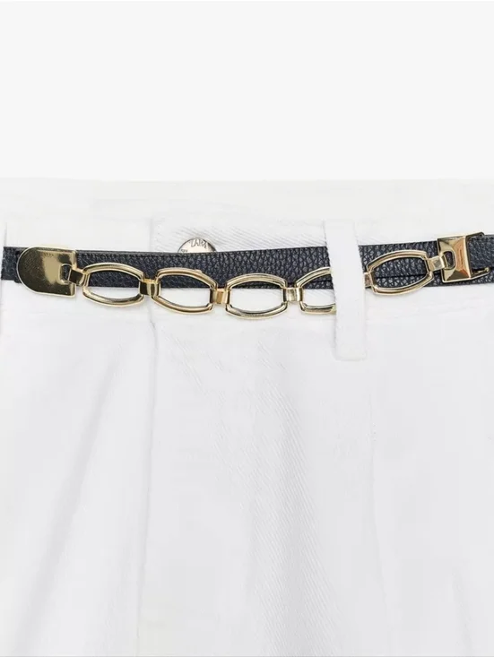 Nwt Zara White Pleated High-Waist Shorts with Navy Chain Belt Sz 38 - Picture 2 of 10